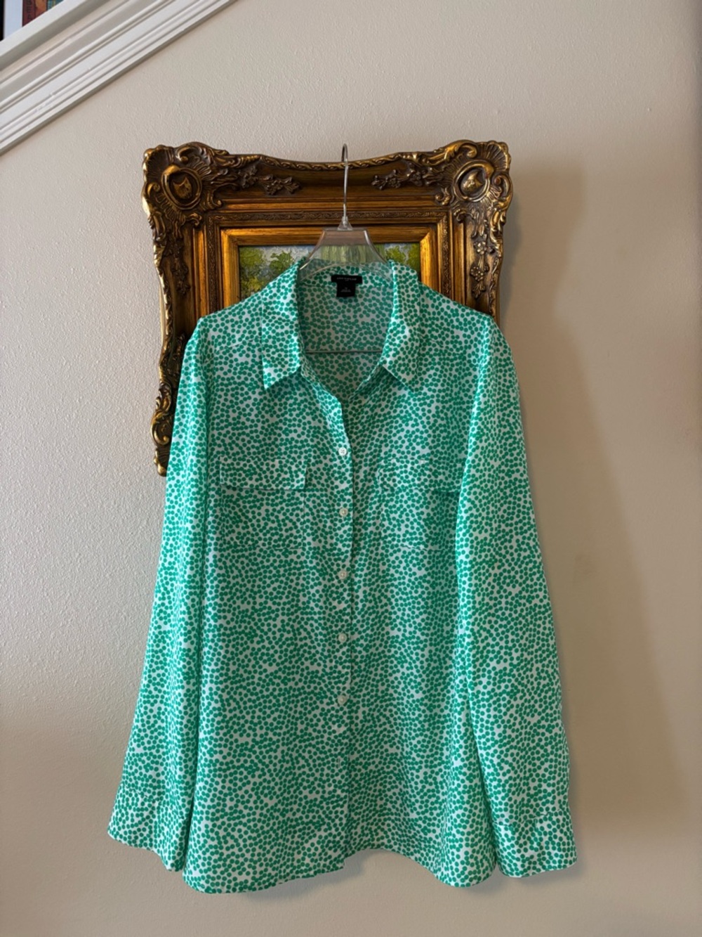 Ann Taylor White & Green Polka Dot Print Blouse